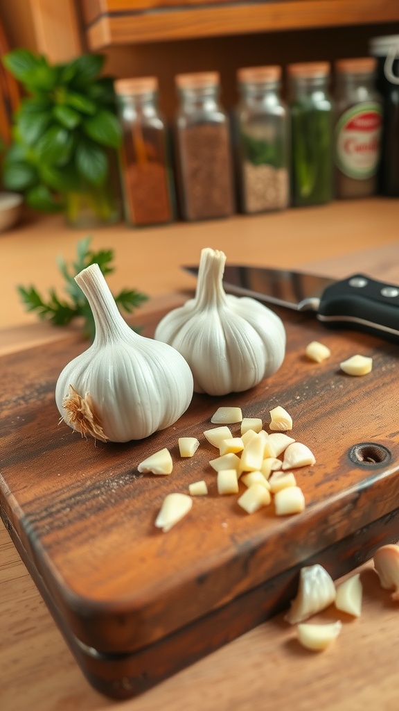 Fresh garlic clove and chopped garlic on a wooden cutting board in a cozy kitchen.